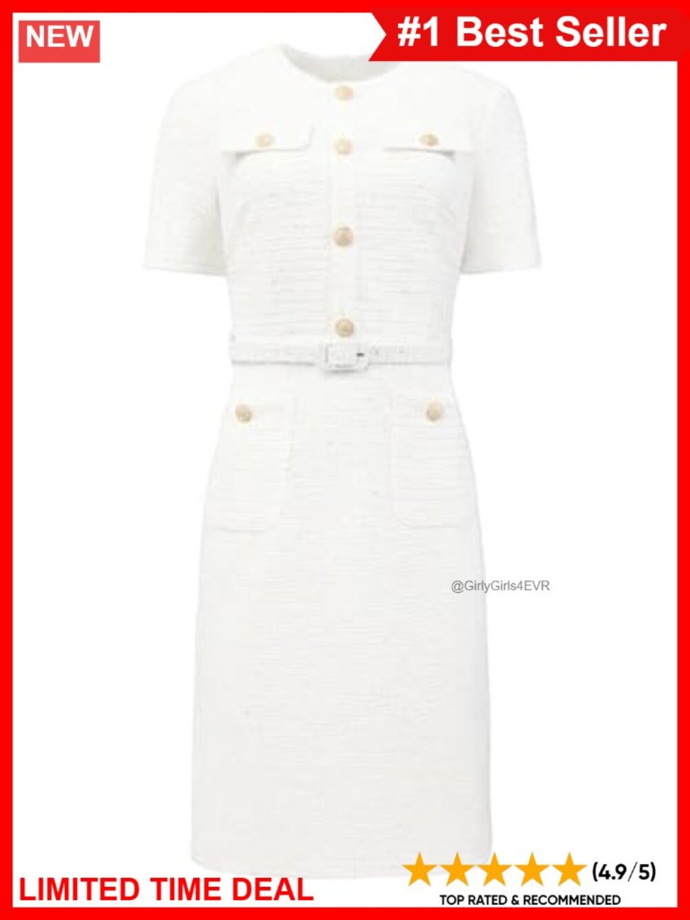 Tweed Sheath Dress Belted Short Sleeve Work Pencil Knee Length